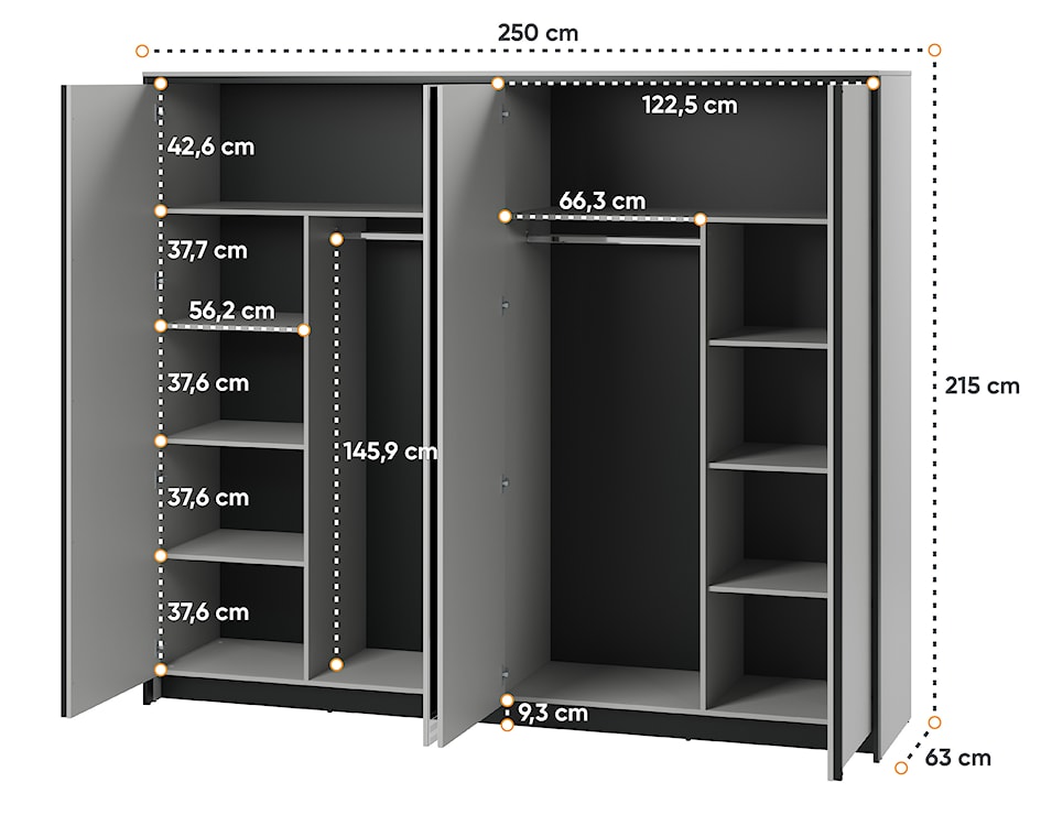 Szafa czterodrzwiowa Gris 250 cm z lustrem i LED szary / czarny  - zdjęcie 6