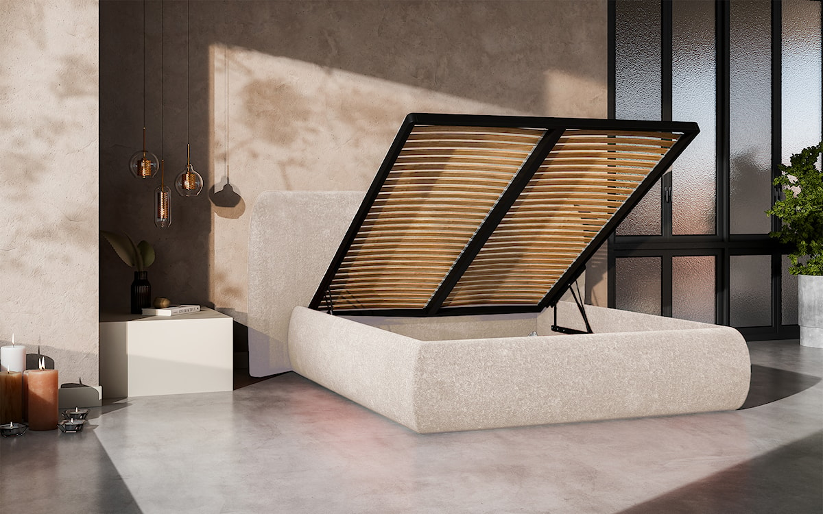 Łóżko tapicerowane 160x200 cm Rittaro z pojemnikiem jasnobeżowe szenil  - zdjęcie 5