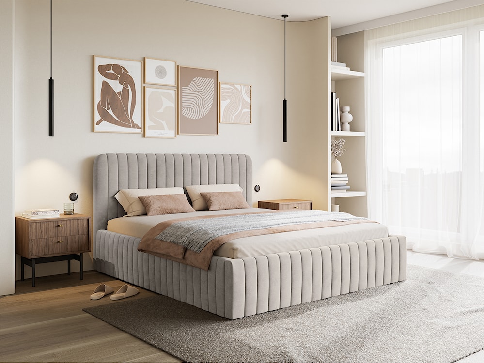 Łóżko tapicerowane 180x200 cm Saliano z pojemnikiem szarobeżowe welur hydrofobowy  - zdjęcie 2