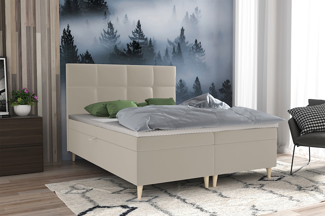 Łóżko kontynentalne 180x200 cm Sclarea z pojemnikami i materacem bonellowym kremowe welur hydrofobowy  - zdjęcie 2