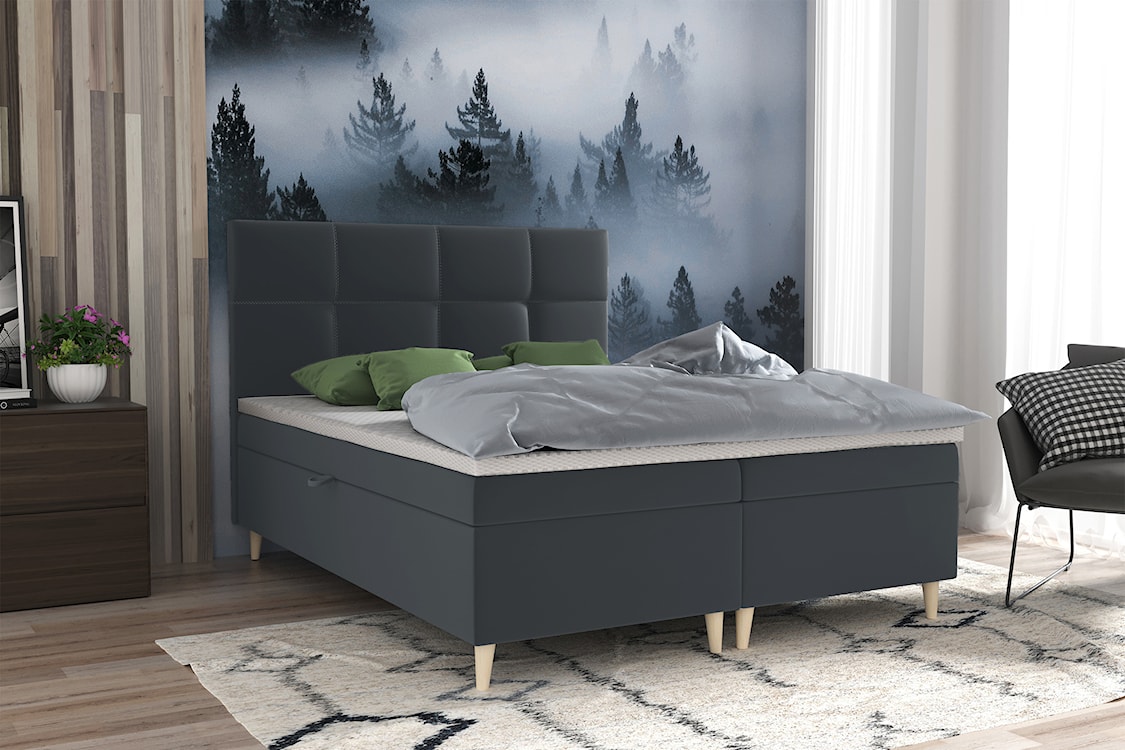 Łóżko kontynentalne 160x200 cm Sclarea z pojemnikami i materacem bonellowym szare welur hydrofobowy  - zdjęcie 2