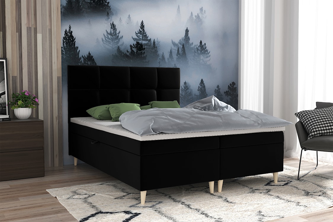 Łóżko kontynentalne 180x200 cm Sclarea z pojemnikami i materacem kieszeniowym czarne welur hydrofobowy  - zdjęcie 2