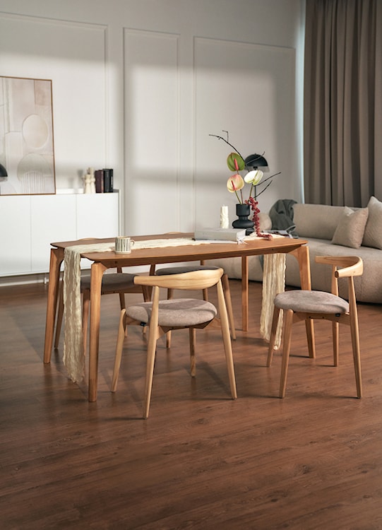 Krzesło drewniane do jadalni Perally w tkaninie łatwoczyszczącej beżowy szenil/dąb naturalny  - zdjęcie 5