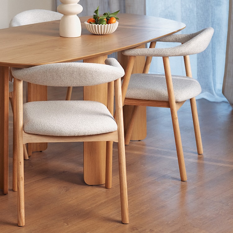 Krzesło drewniane do jadalni Depenne w tkaninie boucle jasnoszare/dąb naturalny  - zdjęcie 2