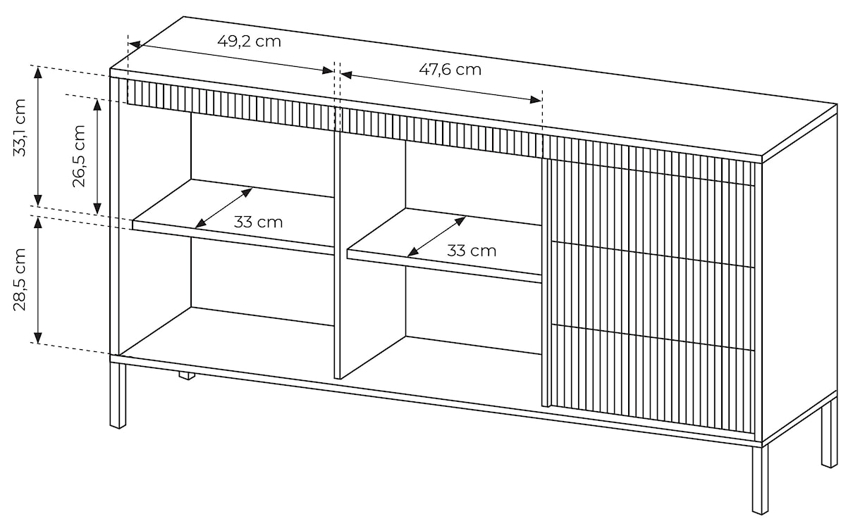 Komoda dwudrzwiowa Falsetto z ryflowanymi frontami i trzema szufladami 154 cm czarna  - zdjęcie 9