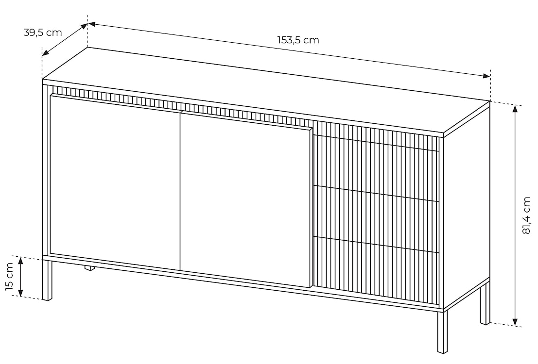 Komoda dwudrzwiowa Falsetto z ryflowanymi frontami i trzema szufladami 154 cm czarna  - zdjęcie 8