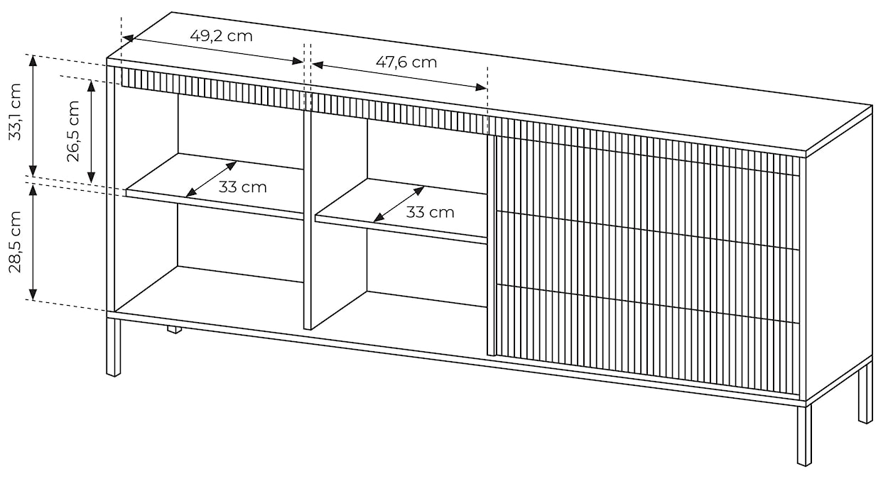 Komoda dwudrzwiowa Falsetto z ryflowanymi frontami i trzema szufladami 187 cm czarna  - zdjęcie 9