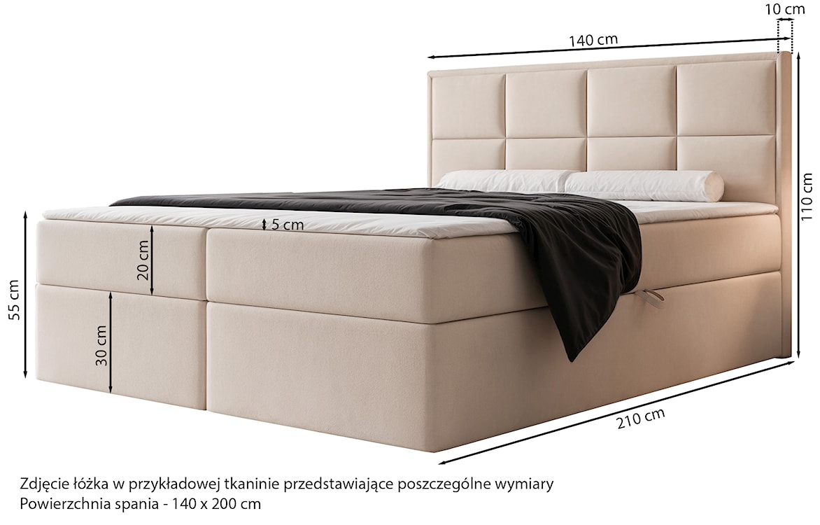 Łóżko kontynentalne 140x200 cm Silensio z materacem bonellowym i topperem szarobeżowe welur hydrofobowy  - zdjęcie 4