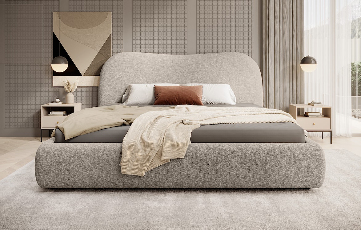 Łóżko tapicerowane Simsalo 140x200 cm z pojemnikiem ciemnobeżowe boucle  - zdjęcie 3