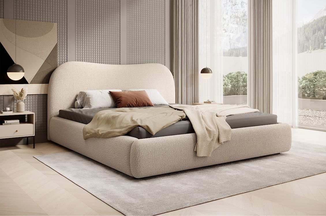 Łóżko tapicerowane Simsalo 160x200 cm z pojemnikiem beżowe boucle  - zdjęcie 2