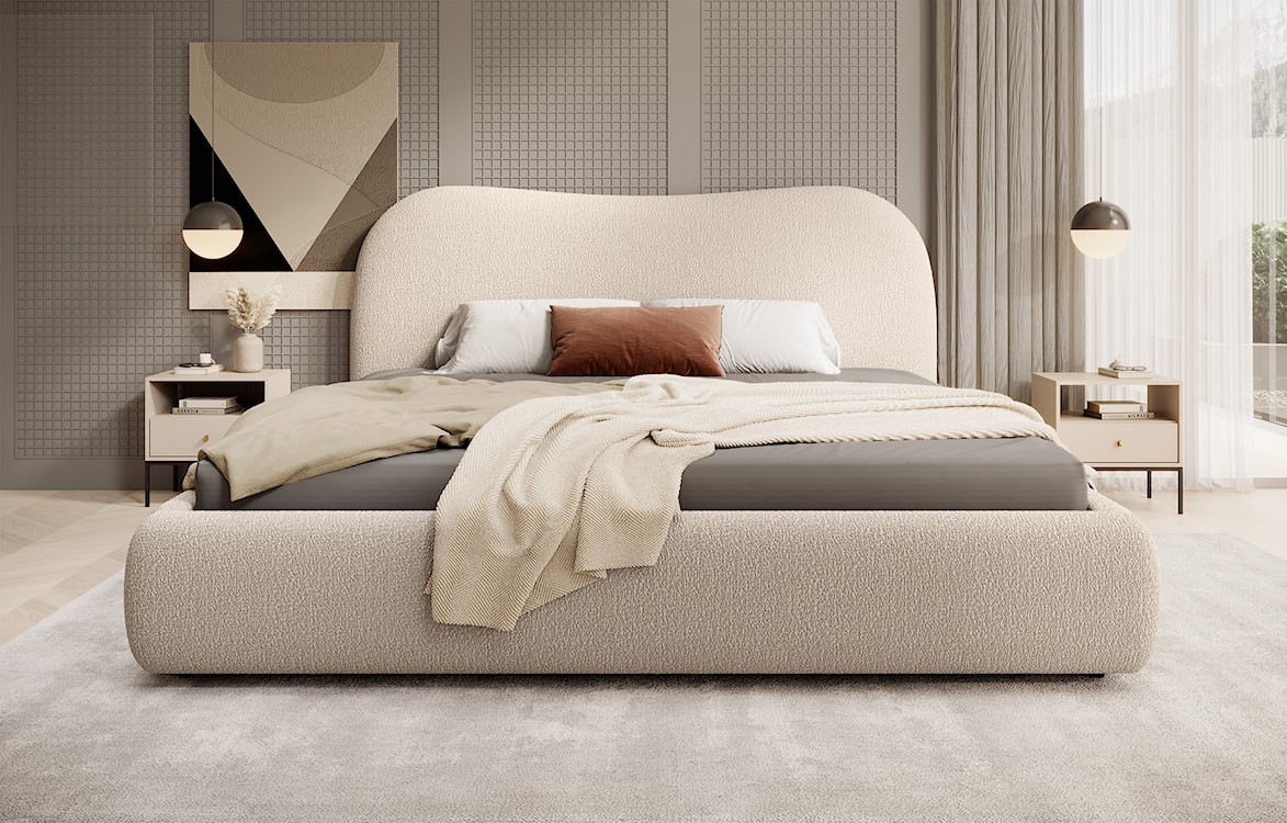 Łóżko tapicerowane Simsalo 160x200 cm z pojemnikiem beżowe boucle  - zdjęcie 3