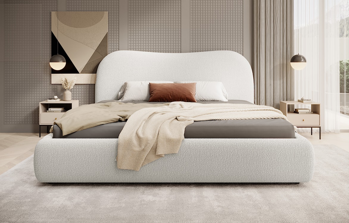 Łóżko tapicerowane Simsalo 180x200 cm z pojemnikiem kremowe boucle  - zdjęcie 3