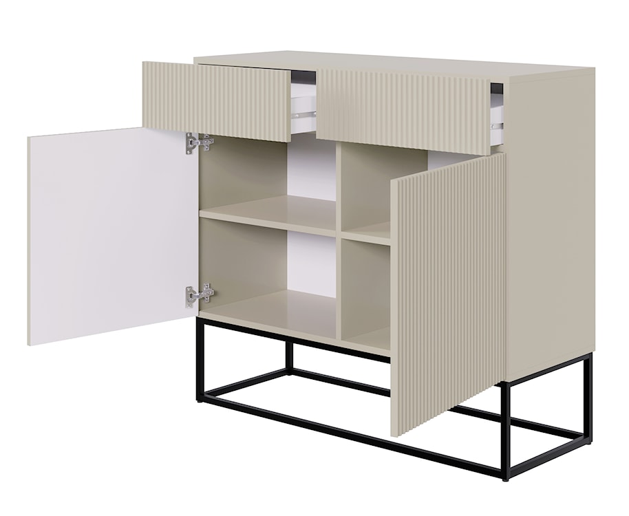 Komoda dwudrzwiowa Veldio z frezowanym frontem i dwiema szufladami 100 cm Szary beż z czarnymi nogami  - zdjęcie 6