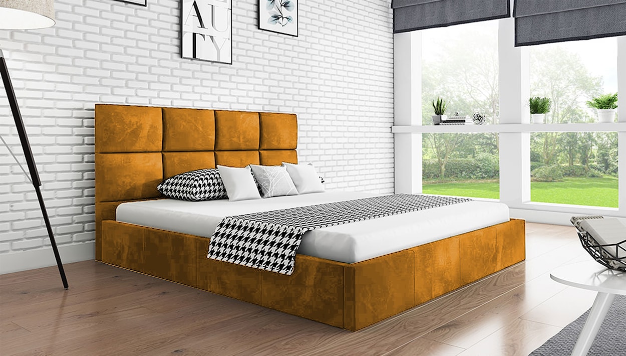 Łóżko tapicerowane 140x200 cm Bellaris z pojemnikiem i poziomymi panelami na wezgłowiu musztardowe  - zdjęcie 2