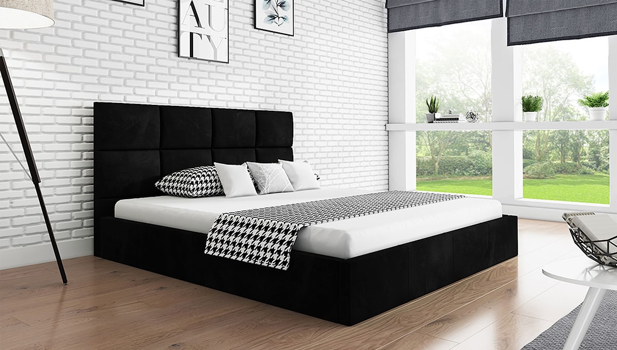 Łóżko tapicerowane 180x200 cm Bellaris z pojemnikiem i poziomymi panelami na wezgłowiu czarne  - zdjęcie 2