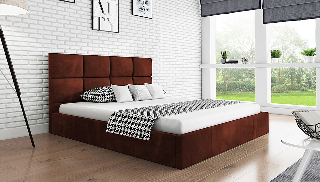 Łóżko tapicerowane 160x200 cm Bellaris z pojemnikiem i poziomymi panelami na wezgłowiu miedziane  - zdjęcie 2
