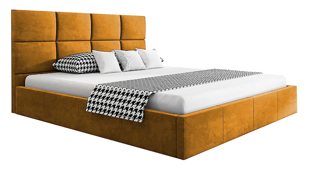 Łóżko tapicerowane 180x200 cm Bellaris z pojemnikiem i poziomymi panelami na wezgłowiu musztardowe