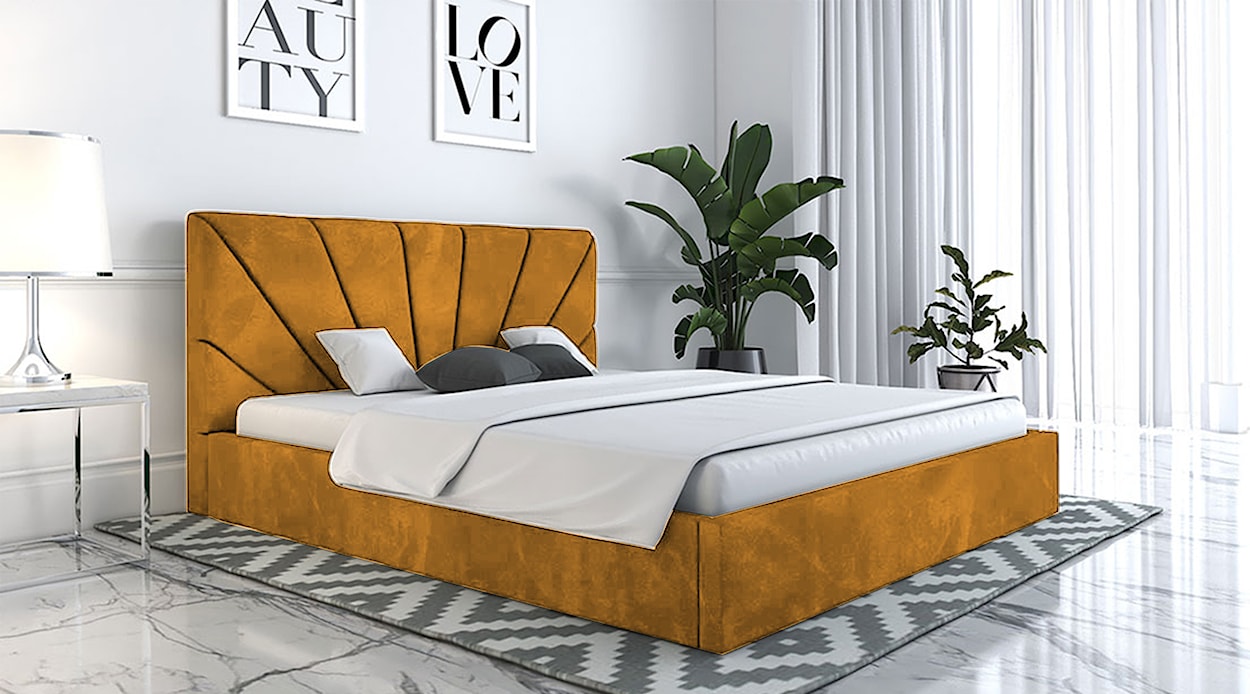 Łóżko tapicerowane 140x200 cm Bellaris z pojemnikiem i promienistymi przeszyciami musztardowe  - zdjęcie 2