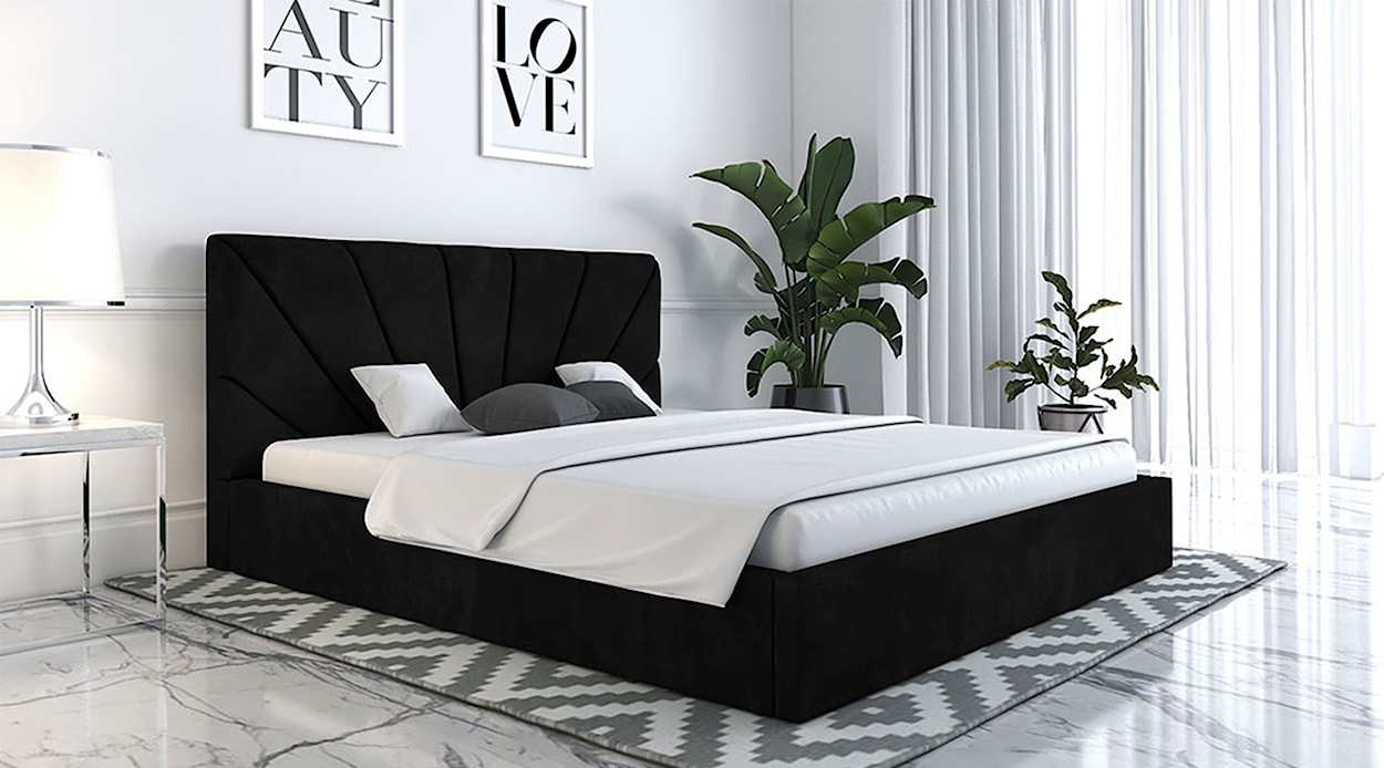 Łóżko tapicerowane 140x200 cm Bellaris z pojemnikiem i promienistymi przeszyciami czarne  - zdjęcie 2