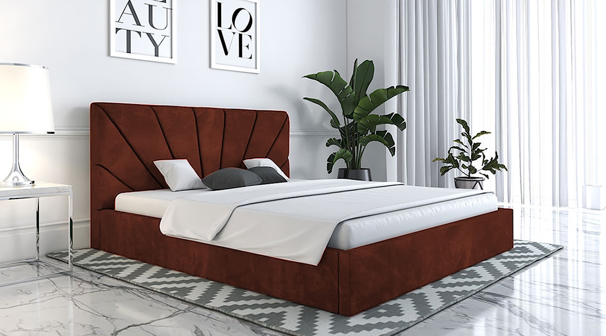 Łóżko tapicerowane 140x200 cm Bellaris z pojemnikiem i promienistymi przeszyciami miedziane  - zdjęcie 2