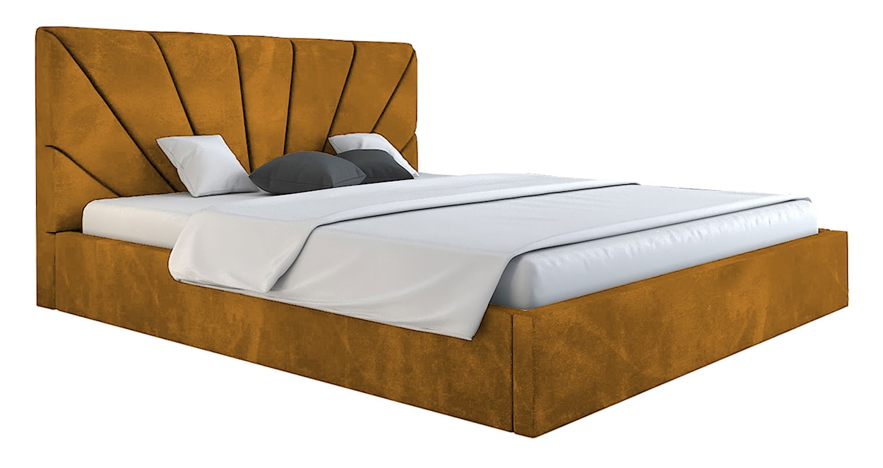 Łóżko tapicerowane 140x200 cm Bellaris z pojemnikiem i promienistymi przeszyciami musztardowe