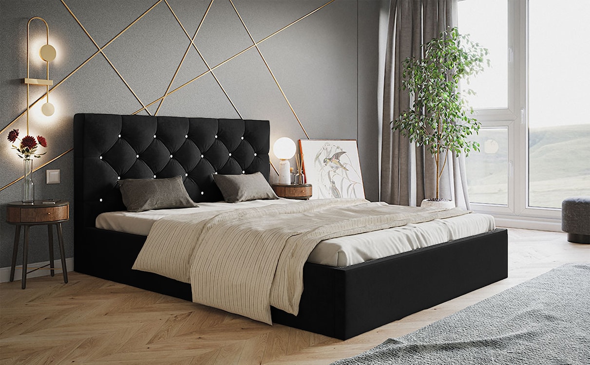 Łóżko tapicerowane 180x200 cm Bellaris z pojemnikiem i pikowaniem kryształkami czarne  - zdjęcie 2