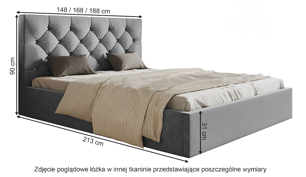 Łóżko tapicerowane 140x200 cm Bellaris z pojemnikiem i pikowaniem kryształkami granatowe  - zdjęcie 5