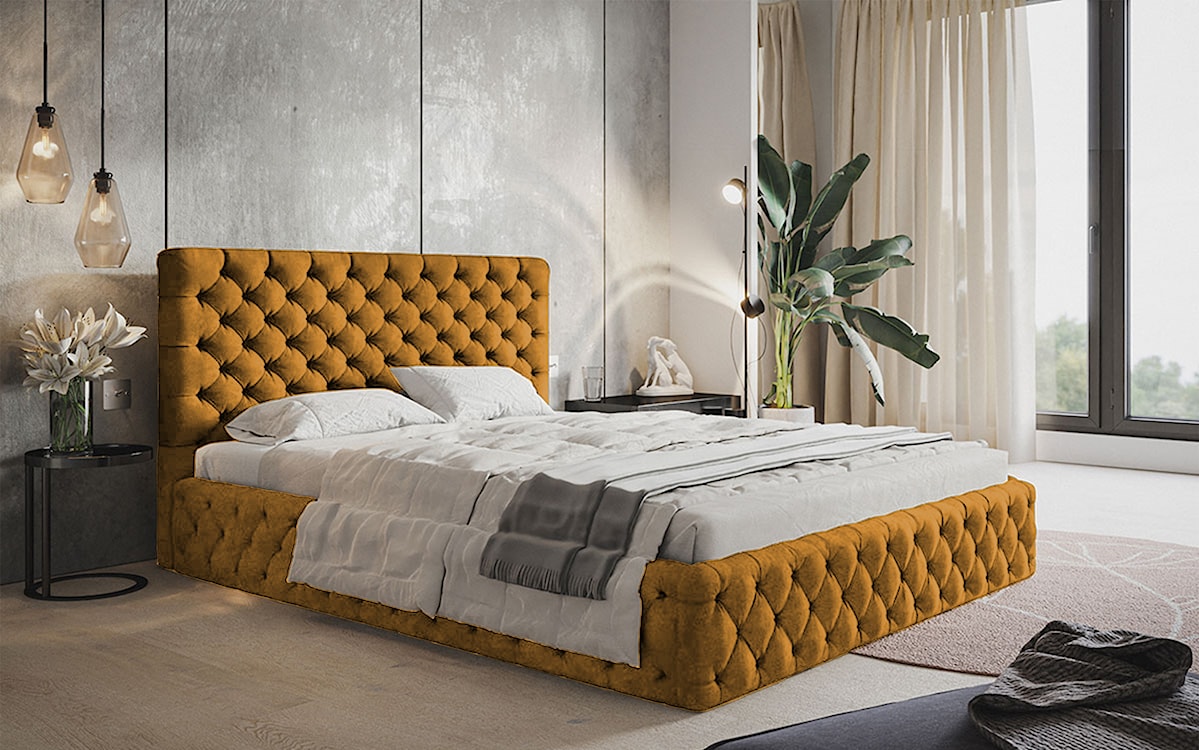 Łóżko tapicerowane 160x200 cm Bellaris z pojemnikiem i pikowaniem musztardowe  - zdjęcie 2