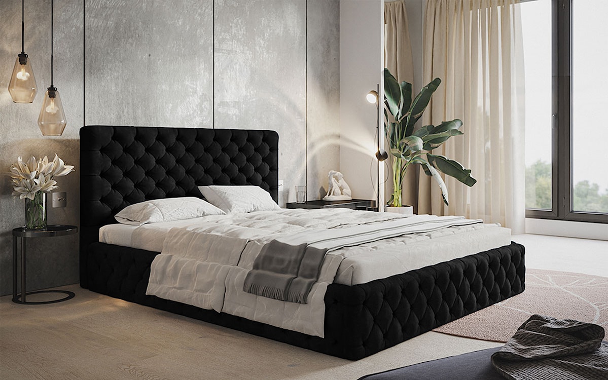 Łóżko tapicerowane 160x200 cm Bellaris z pojemnikiem i pikowaniem czarne  - zdjęcie 2
