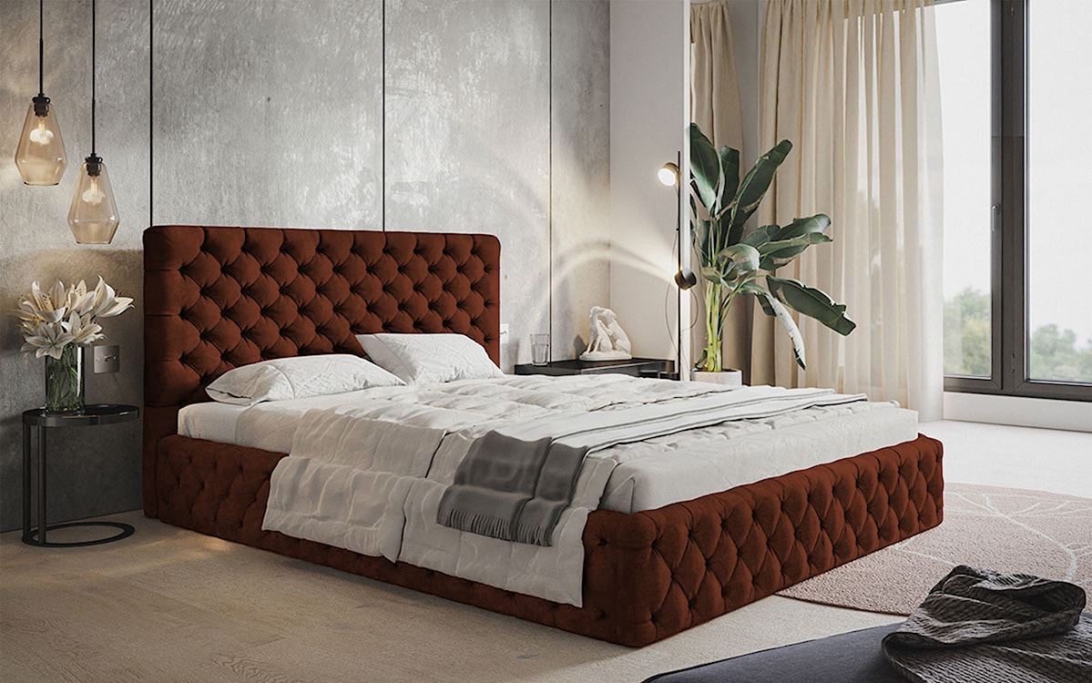 Łóżko tapicerowane 180x200 cm Bellaris z pojemnikiem i pikowaniem miedziane  - zdjęcie 2