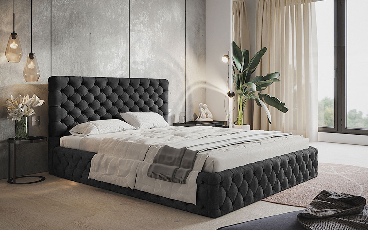 Łóżko tapicerowane 160x200 cm Bellaris z pojemnikiem i pikowaniem ciemnoszare  - zdjęcie 2
