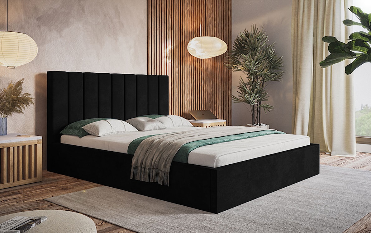 Łóżko tapicerowane 140x200 cm Bellaris z pojemnikiem i pionowymi panelami na wezgłowiu czarne  - zdjęcie 2