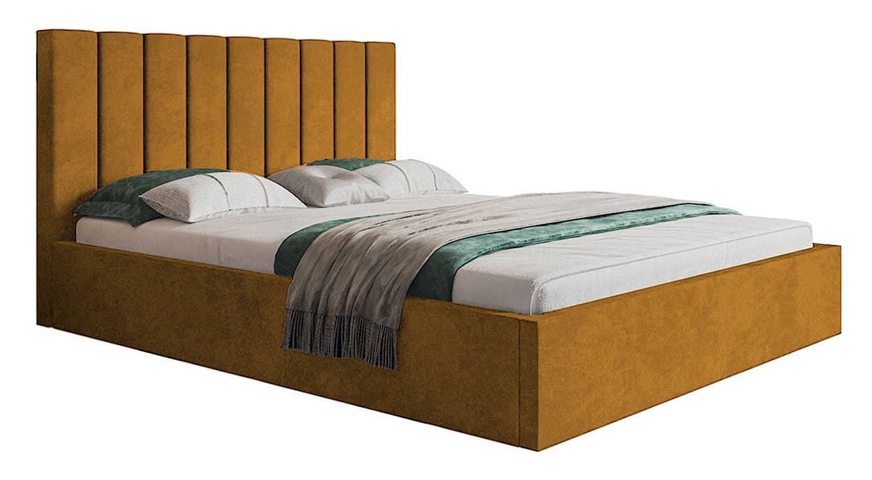 Łóżko tapicerowane 140x200 cm Bellaris z pojemnikiem i pionowymi panelami na wezgłowiu musztardowe