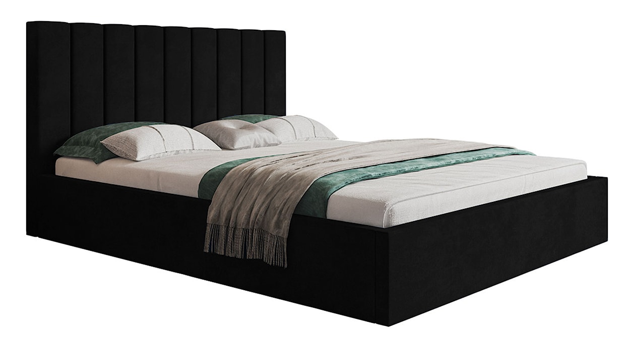 Łóżko tapicerowane 140x200 cm Bellaris z pojemnikiem i pionowymi panelami na wezgłowiu czarne