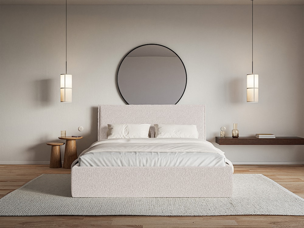 Łóżko tapicerowane 200x200 cm Softie Slim z pojemnikiem beżowe szenil stelaż metalowy  - zdjęcie 3