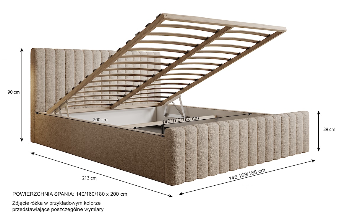 Łóżko tapicerowane 180x200 cm Ramone ciemnobeżowe z pojemnikiem stelaż drewniany boucle nogi czarne  - zdjęcie 5