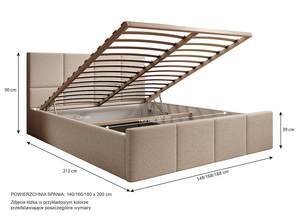 Łóżko tapicerowane 160x200 cm Monera beżowe z pojemnikiem stelaż drewniany boucle nogi czarne  - zdjęcie 5