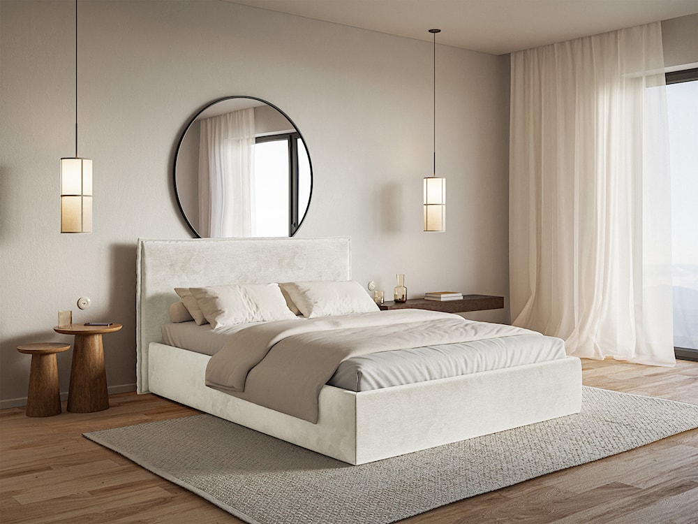 Łóżko tapicerowane 140x200 cm Softie Slim z pojemnikiem szarobeżowe welur hydrofobowy stelaż metalowy  - zdjęcie 2