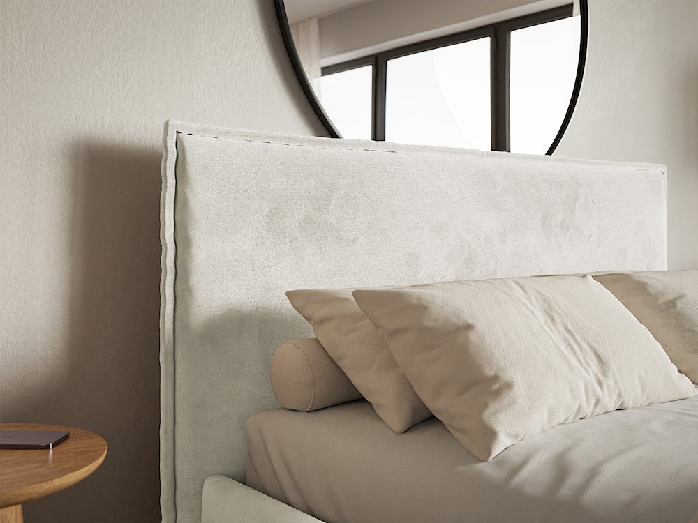 Łóżko tapicerowane 140x200 cm Softie Slim z pojemnikiem szarobeżowe welur hydrofobowy stelaż metalowy  - zdjęcie 4