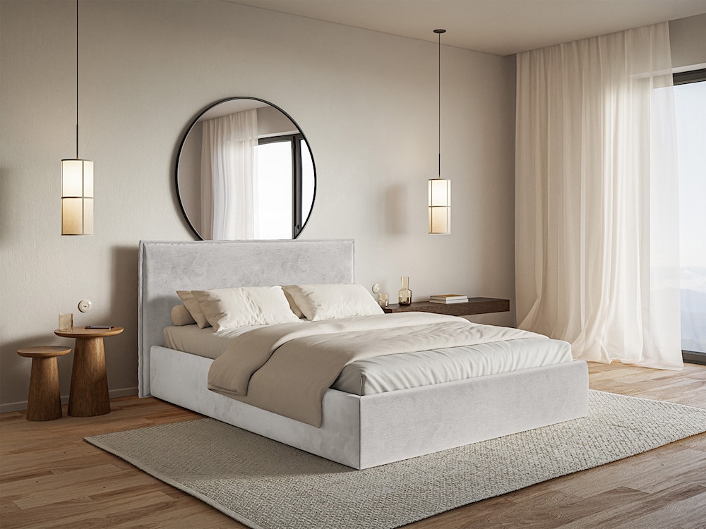 Łóżko tapicerowane 200x200 cm Softie Slim z pojemnikiem jasnoszarobrązowe welur hydrofobowy stelaż metalowy  - zdjęcie 2