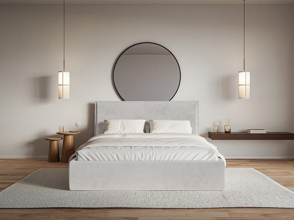 Łóżko tapicerowane 200x200 cm Softie Slim z pojemnikiem jasnoszarobrązowe welur hydrofobowy stelaż metalowy  - zdjęcie 3