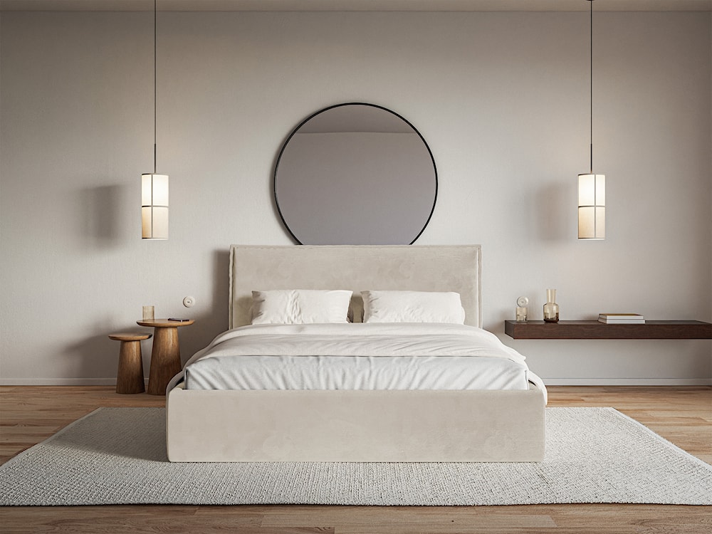 Łóżko tapicerowane 180x200 cm Softie Slim z pojemnikiem beżowe welur hydrofobowy stelaż metalowy  - zdjęcie 3