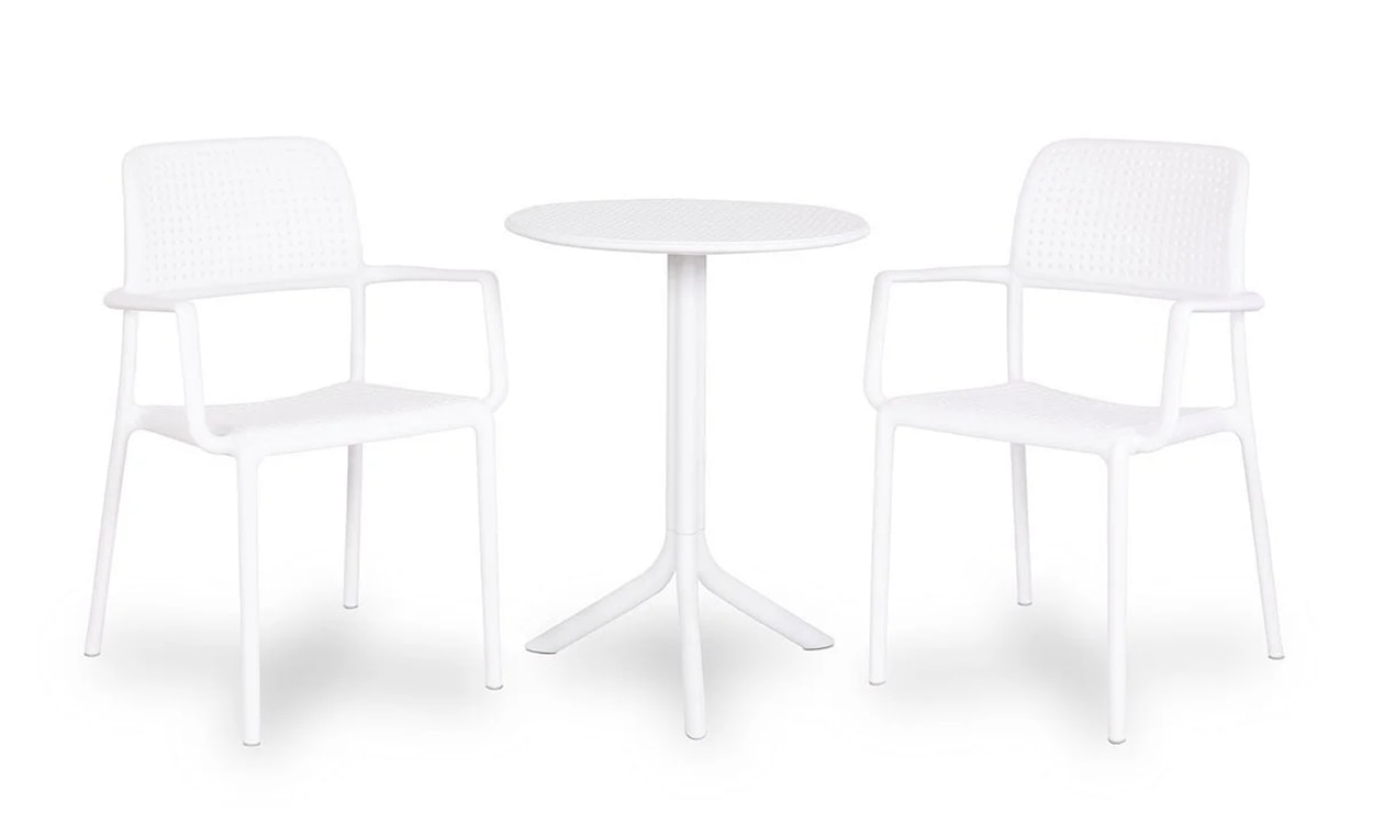 Zestaw balkonowy okrągły stół Step 60 cm i 2 krzesła z podłokietnikami Bora Nardi z certyfikowanego tworzywa biały 