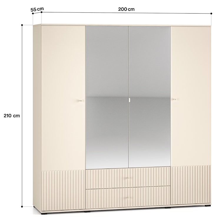 Szafa czterodrzwiowa Caletto 200 cm z dwiema szufladami i lustrem ozdobne lamele beżowa  - zdjęcie 8