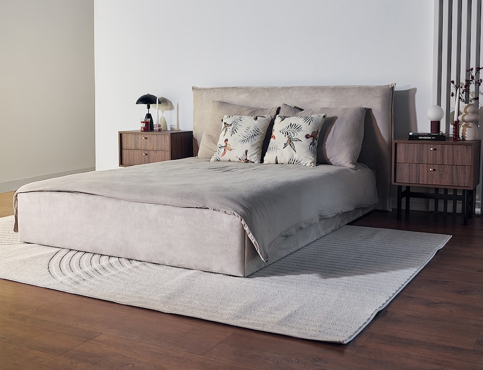 Łóżko tapicerowane 160x200 cm Softie z pojemnikiem beżowe welur hydrofobowy stelaż metalowy  - zdjęcie 5