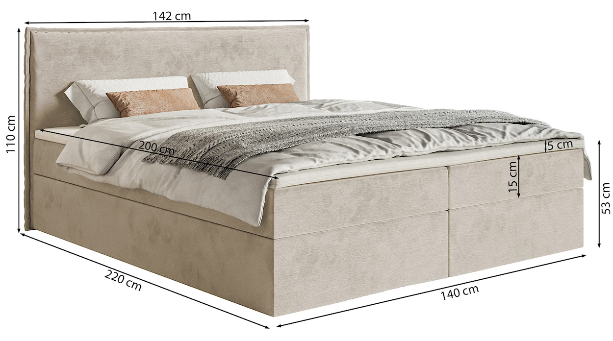 Łóżko kontynentalne 140x200 cm Softie z pojemnikami i topperem szarobeżowe welur hydrofobowy   - zdjęcie 7