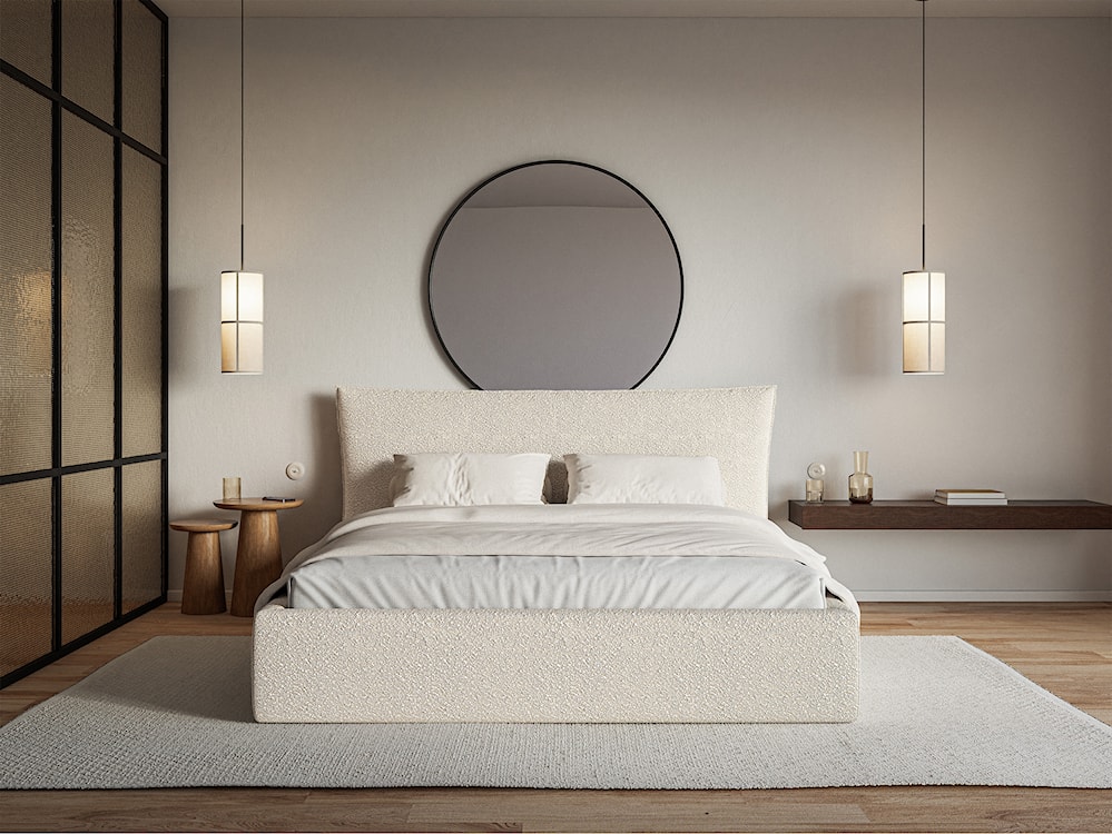 Łóżko tapicerowane 140x200 cm Softie z pojemnikiem stelaż metalowy jasnobeżowe boucle  - zdjęcie 2