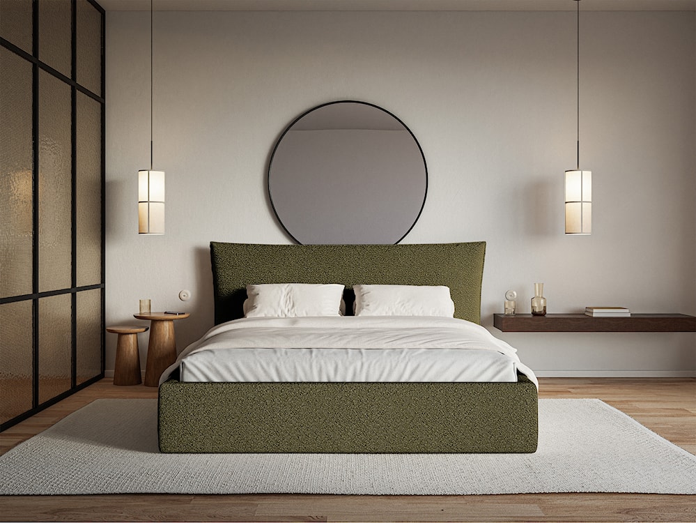 Łóżko tapicerowane 140x200 cm Softie z pojemnikiem stelaż metalowy oliwkowe boucle  - zdjęcie 2
