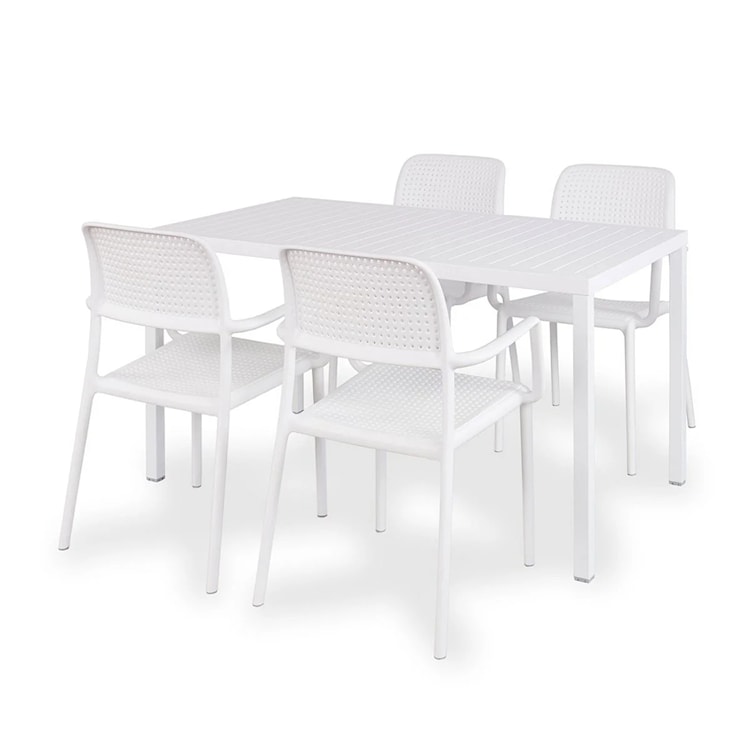 Zestaw ogrodowy stół Cube 140x80 cm i 4 krzesła z podłokietnikami Bora Nardi z certyfikowanego tworzywa biały 