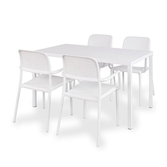 Zestaw ogrodowy stół Cube 140x80 cm i 4 krzesła z podłokietnikami Bora Nardi z certyfikowanego tworzywa biały